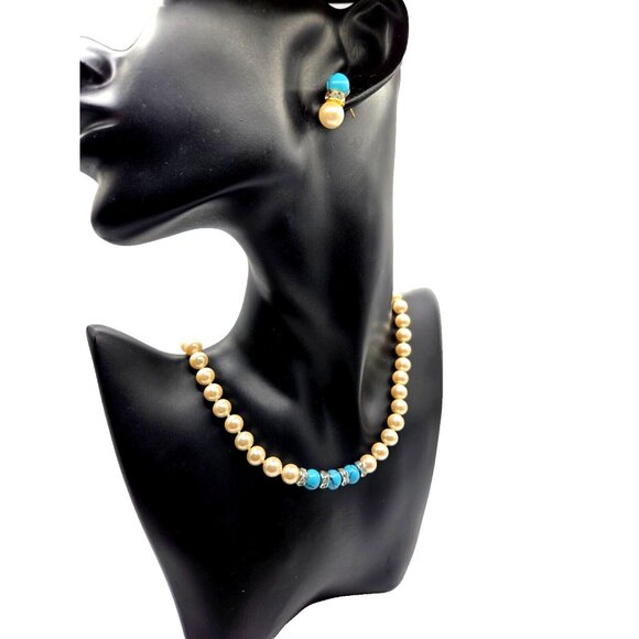 Vintage Pearl and Howlite with Rhinestones Necklace and Pierced earring Set - Picture 1 of 7